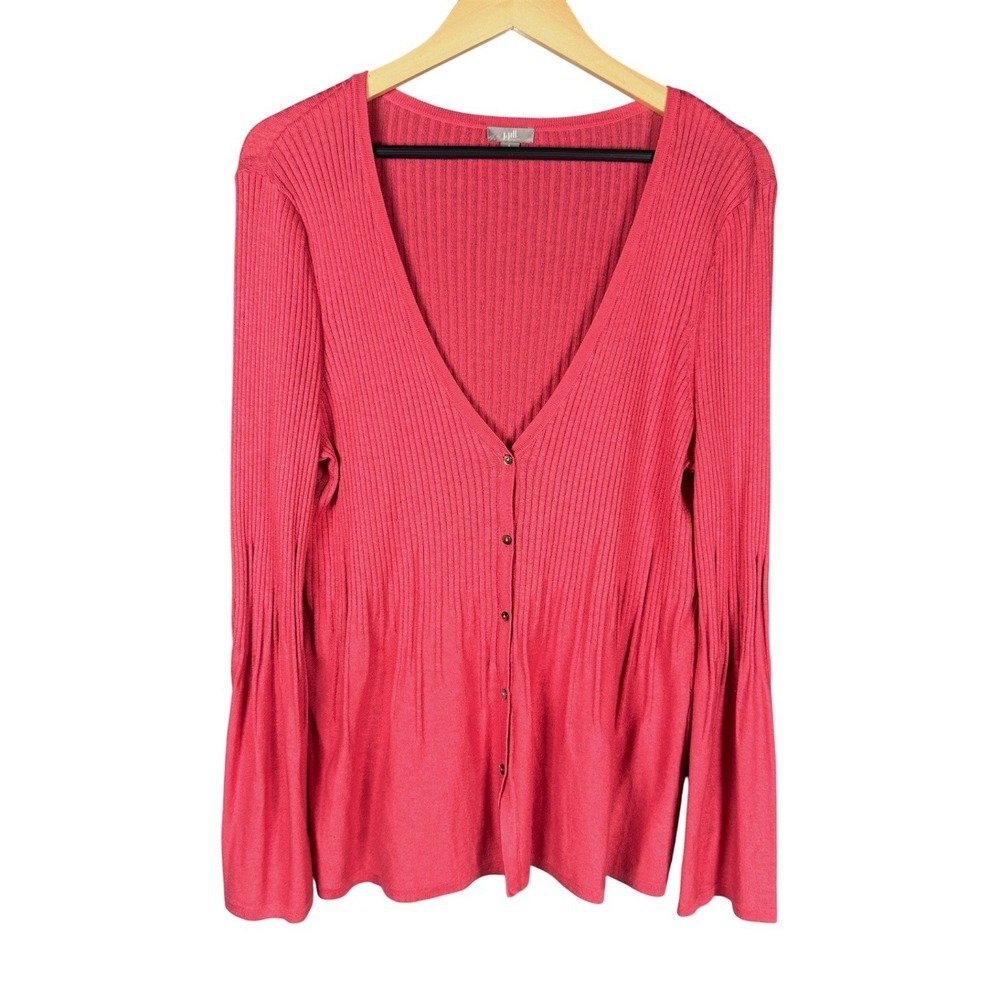 J. Jill Cardigan Sweater Womens L Pink Silk Cotton Ribbed Bell Sleeve V-Neck - Picture 2 of 13